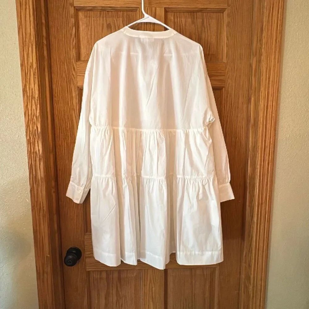 ANINE BING Addison Tiered Cotton V-Neck Long Sleeve Oversized Babydoll Mini Dres - Picture 8 of 13